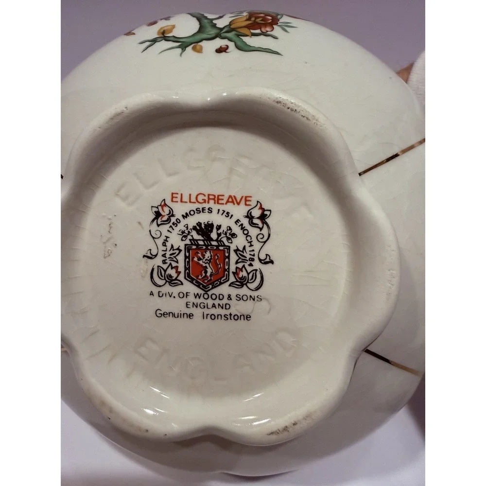 Ellgreave Wood & Sons Floral Teapot Ironstone England Vintage Gold Trim